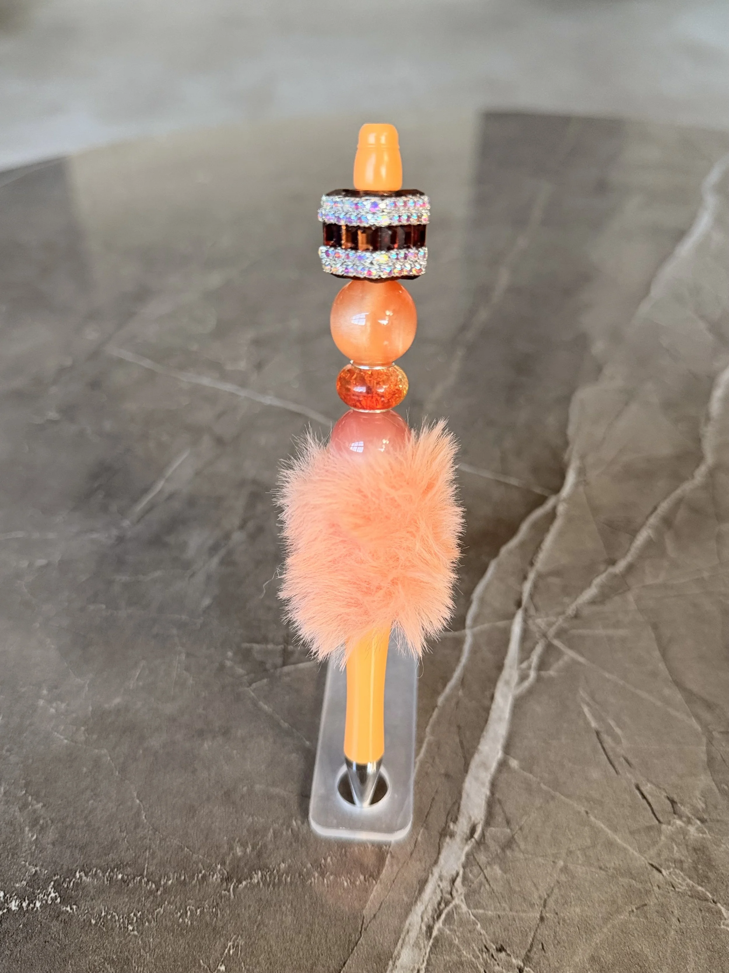 Chic Orange Furry Pen with Rhinestone Topper
