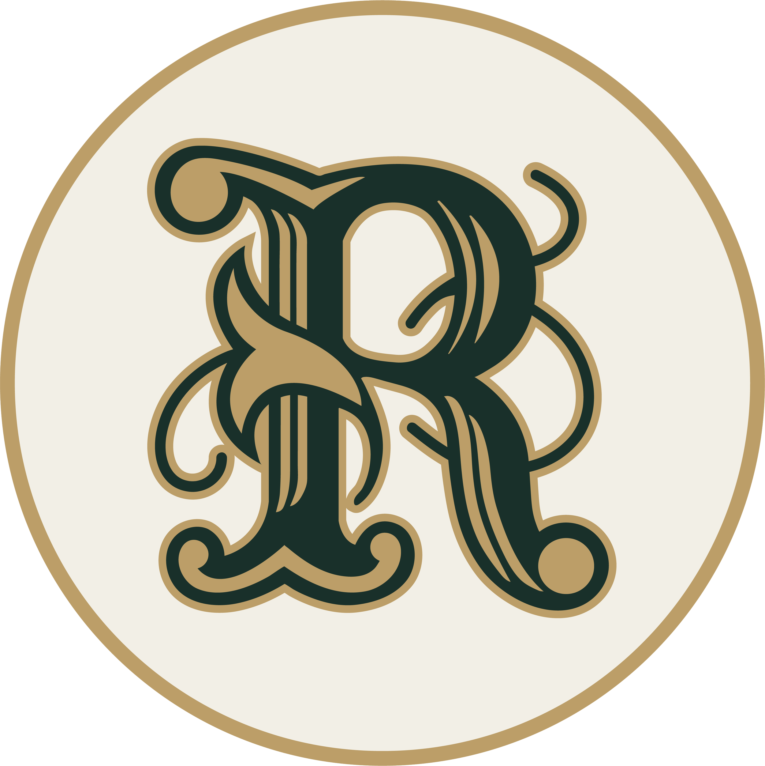 Close-up of a logo featuring a stylized black and gold emblem on a white background with a gold border.