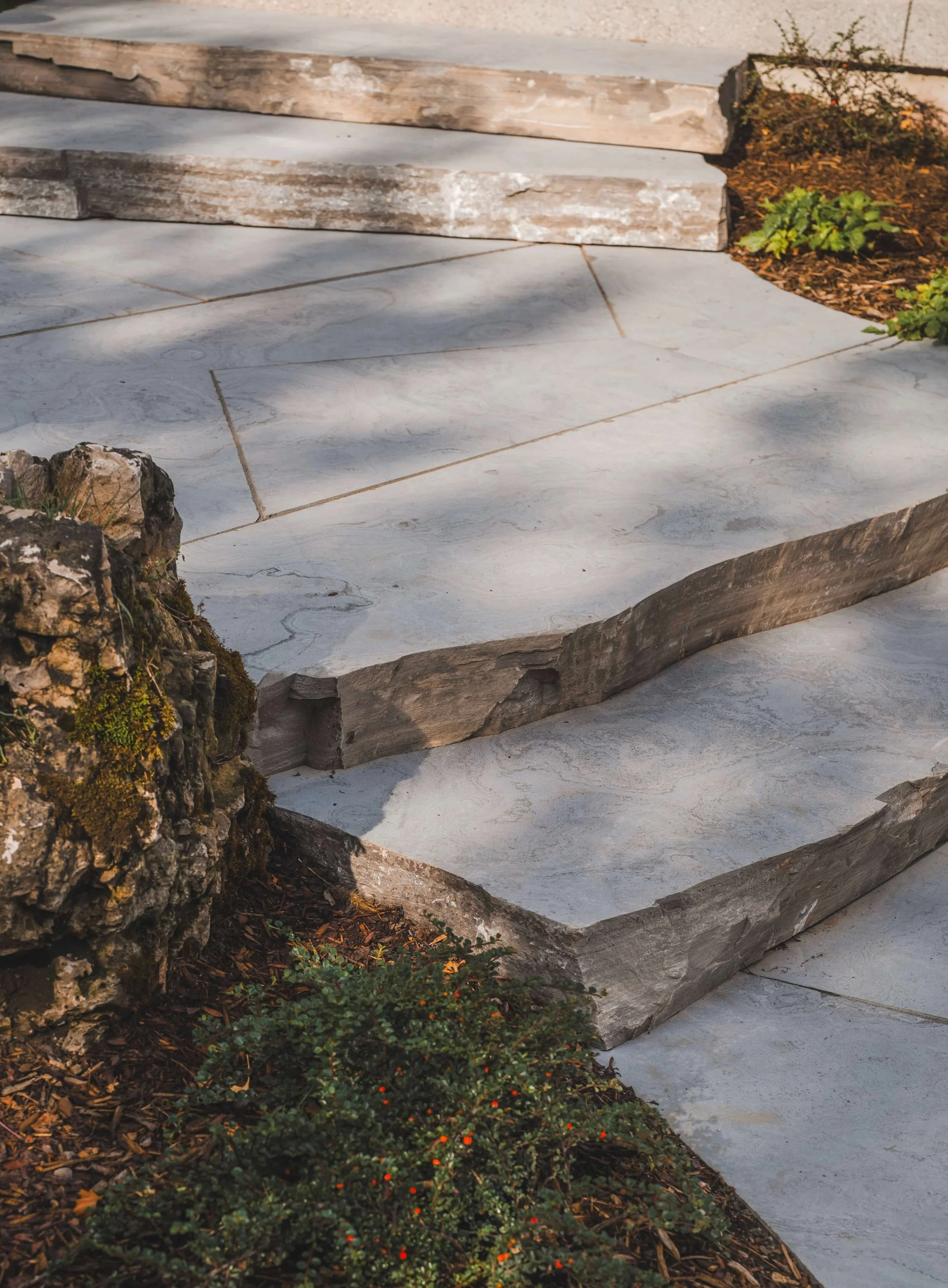 Stone steps with wooden risers surrounded by plants and mulch.