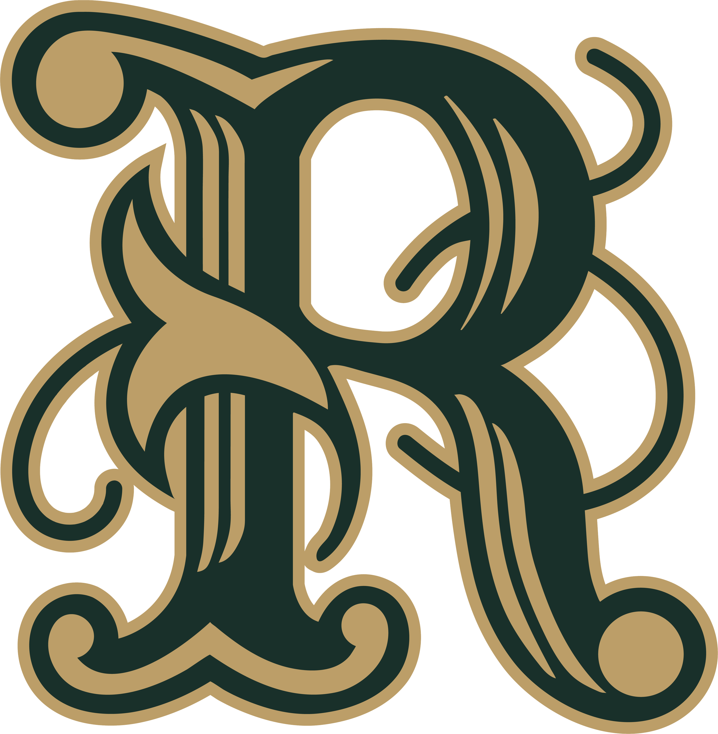 A stylized, ornamental letter 'N' with intricate gold and dark green patterns.