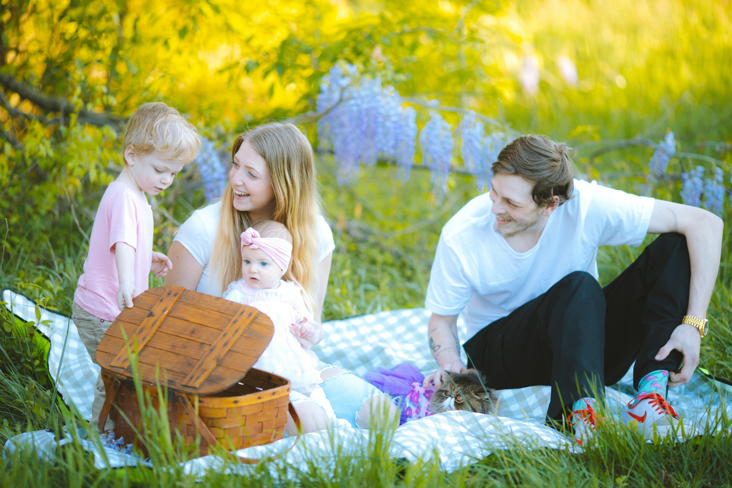 A family having a picnic outdoors in a lush green area with trees in the background. The family includes a woman, a man, two young children, and a kitten. They are sitting on a checkered blanket and appear to be enjoying a pleasant day.