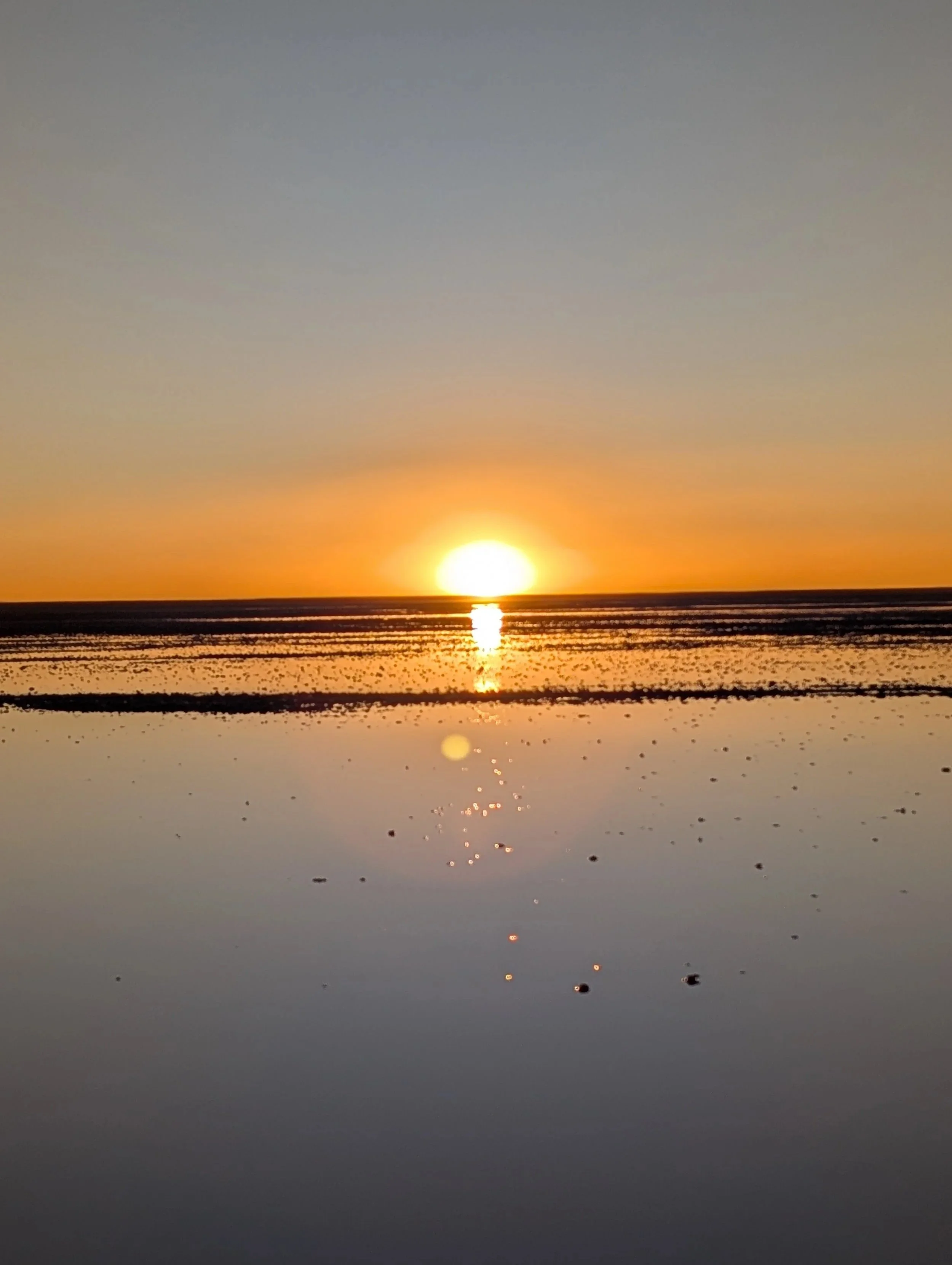Atacama, Chile. Sun setting over the salt plains with a reflection on the water, salt in the foreground, and a clear sky.