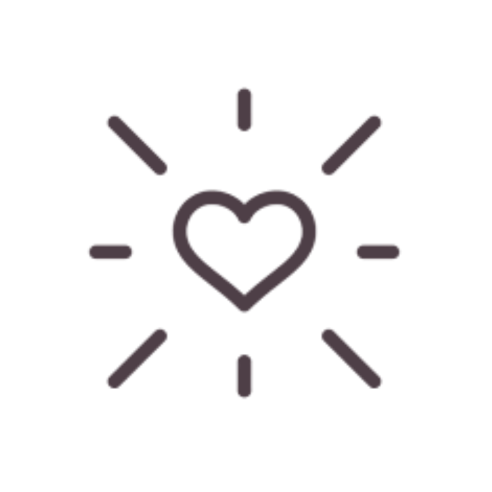A simple line drawing of a heart at the center with lines radiating outward, resembling a sunburst or shining light.