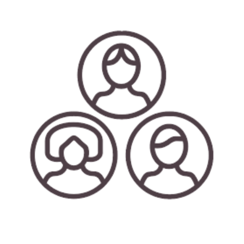 Icon of three female profiles arranged in a triangle, outline style, on a black background.