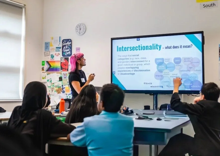 A classroom presentation on intersectionality with a woman with pink hair pointing at a screen and students seated at a table listening.