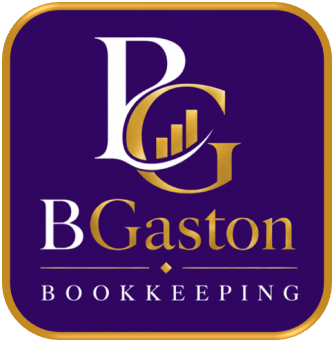 Logo for BGaston Bookkeeping featuring initials BG, a bar chart, and gold accents on a purple background.