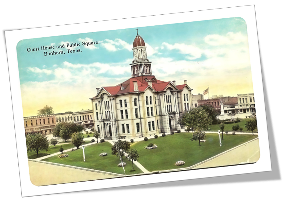 A vintage postcard of the Court House and Public Square in Bonham, Texas, showing a historic building with a red roof, a central tower, and well-kept green lawns with trees and flowers.
