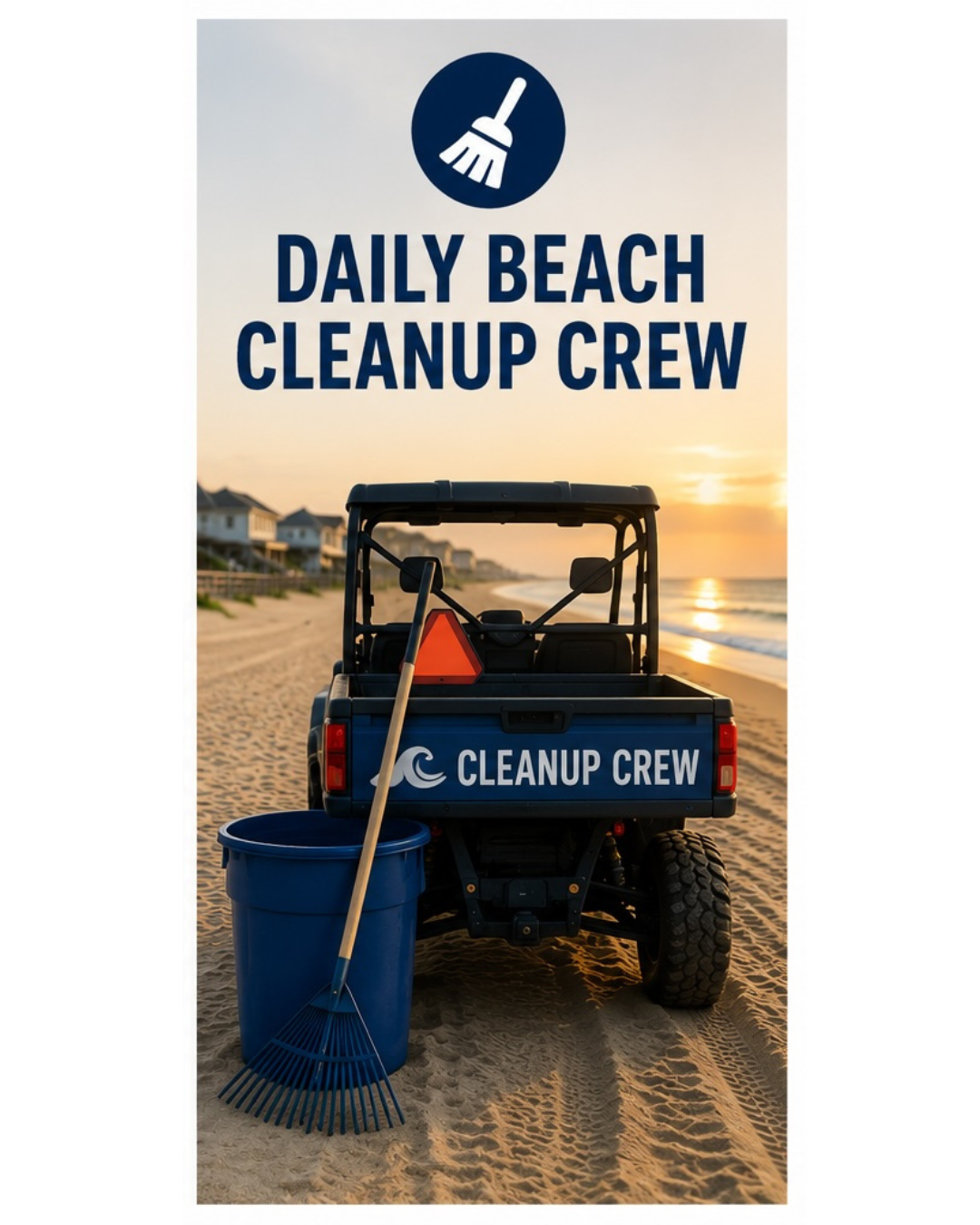Daily beach cleanup crew utility vehicle driving on the beach in Misquamicut.