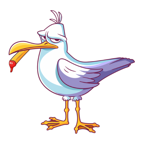 Squammy the Seagull is holding a French fry in its mouth.