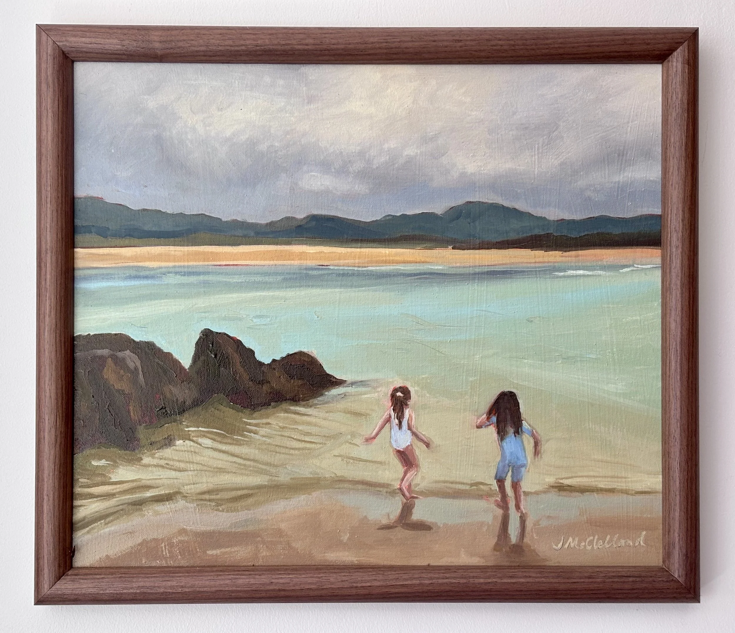 Two girls on beach in donegal playing by water edge in oil painting