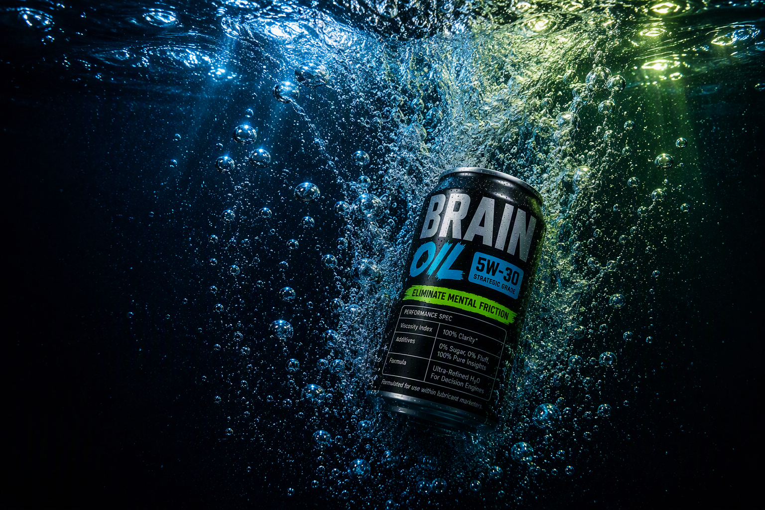 A can of Brain Oil 5W-30 motor oil is submerged underwater, surrounded by bubbles and sunlight filtering through the water.