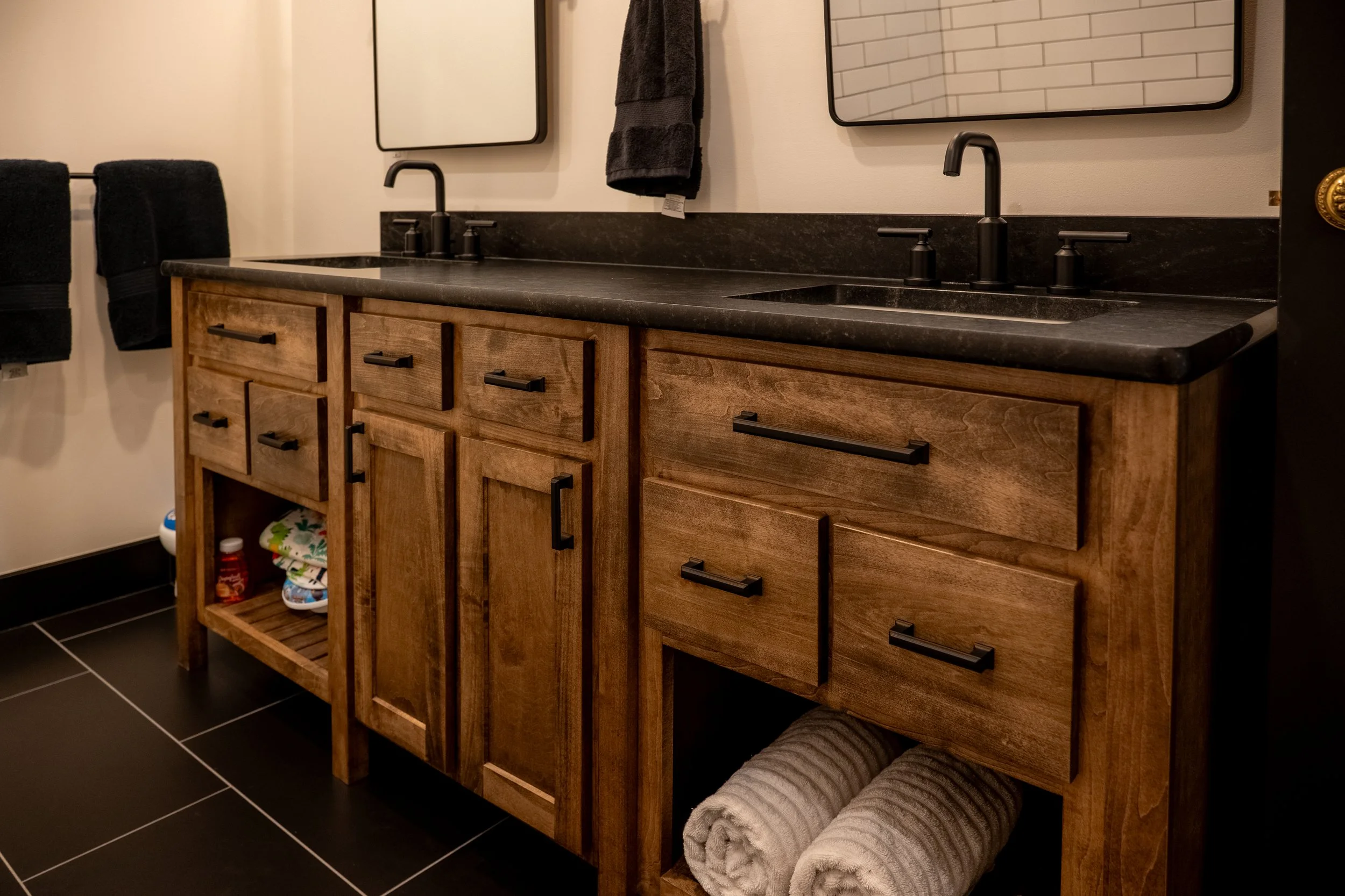 Wood Bathroom Vanity 
Modern Vanity 
Elegant Vanity 
Modern Bathroom 
Construction 
Modern Design 
Kansas Construction 
Design and Construction 