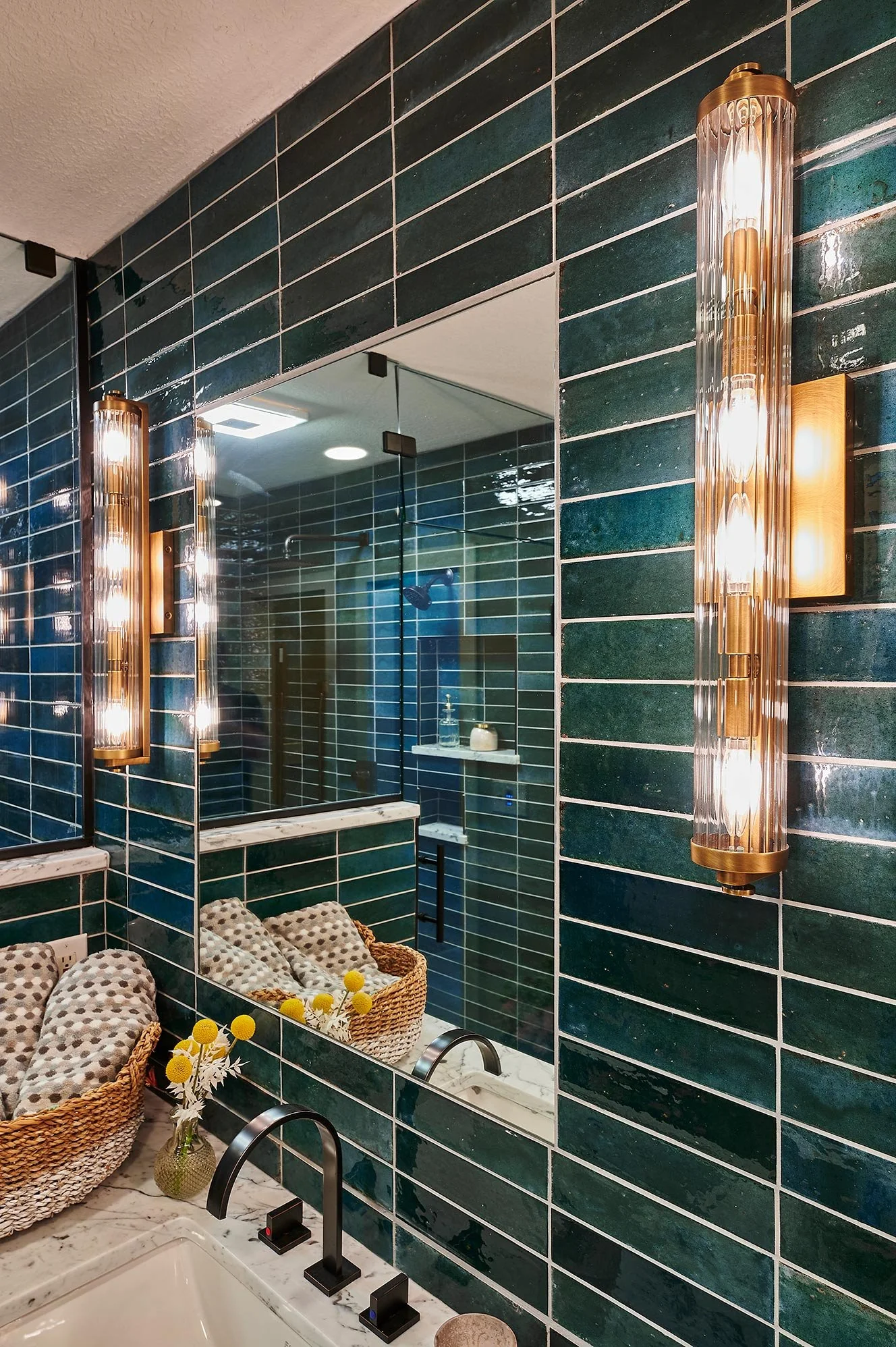 Modern Bathroom 
Construction 
Modern Design 
Bathroom Mirror 
Green Tile 
Kansas Construction 
Design and Construction 