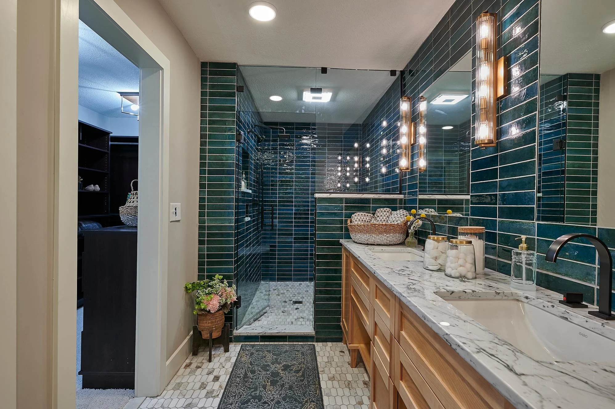 Modern Bathroom 
Construction 
Modern Design 
Marble Bathroom 
Blue Tile 
Green Tile 
Kansas Construction 
Design and Construction 