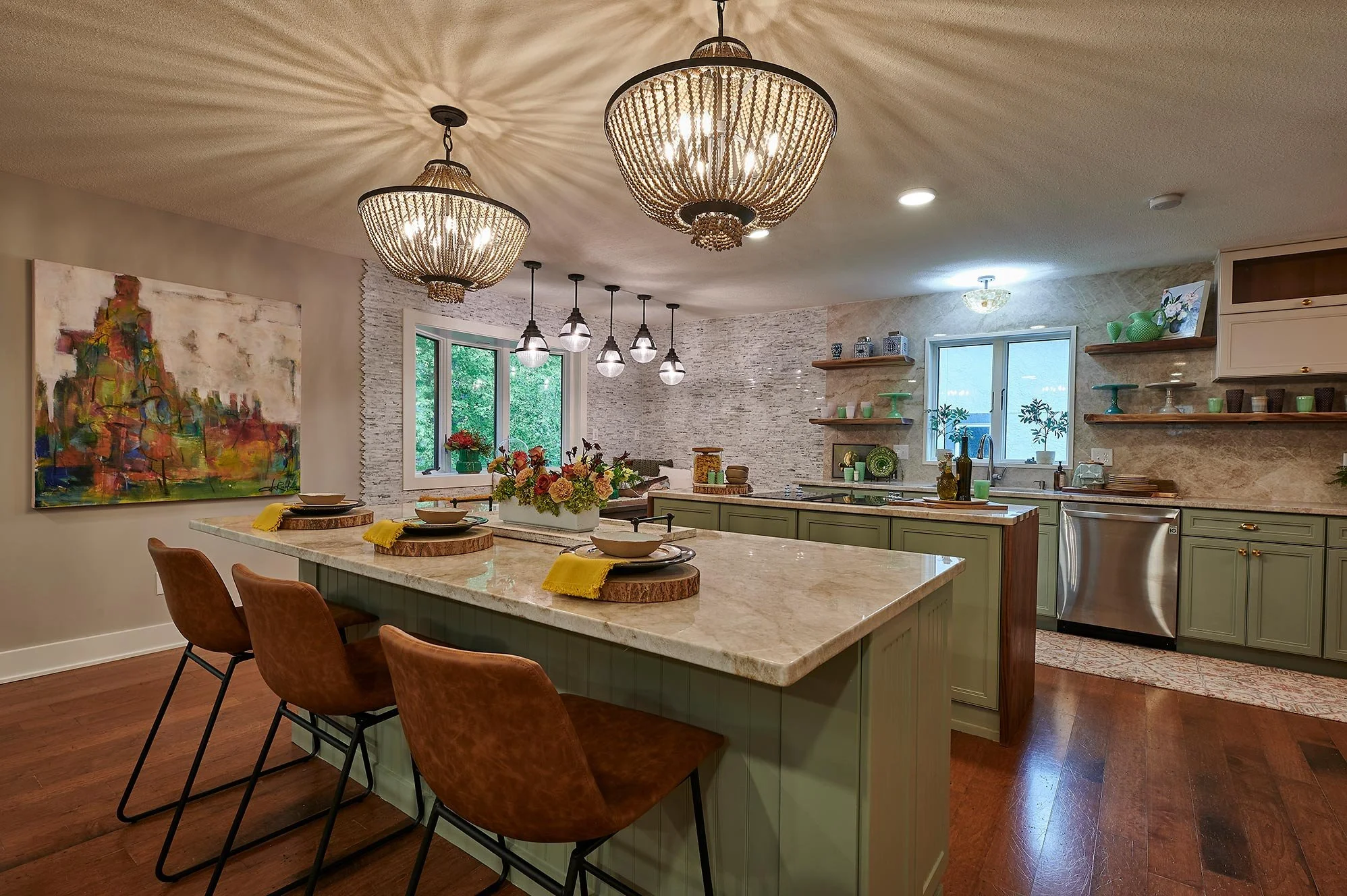Modern Kitchen 
Green Kitchen 
Open Kitchen 
Marble Kitchen Tops 
Elegant Kitchen 
Construction 
Modern Design 
Kansas Construction 
Design and Construction 