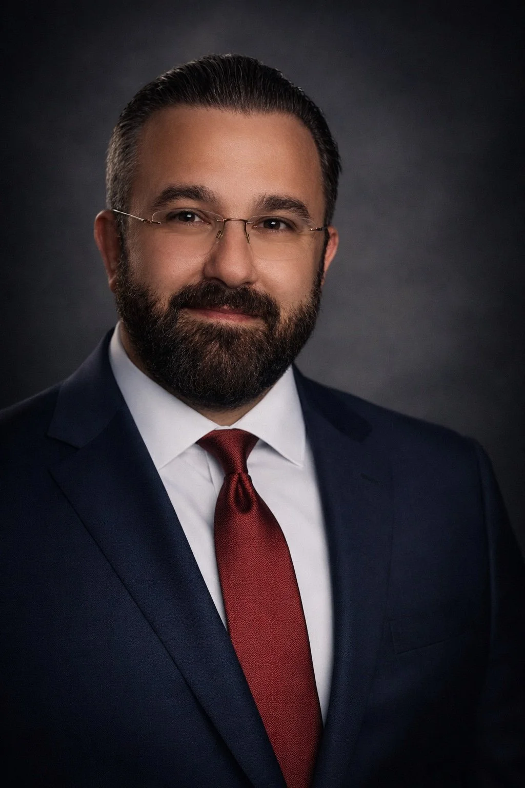 Professional headshot of a man with dark hair, glasses, and a beard, dressed in a navy suit, white shirt, and red tie, against a dark background.