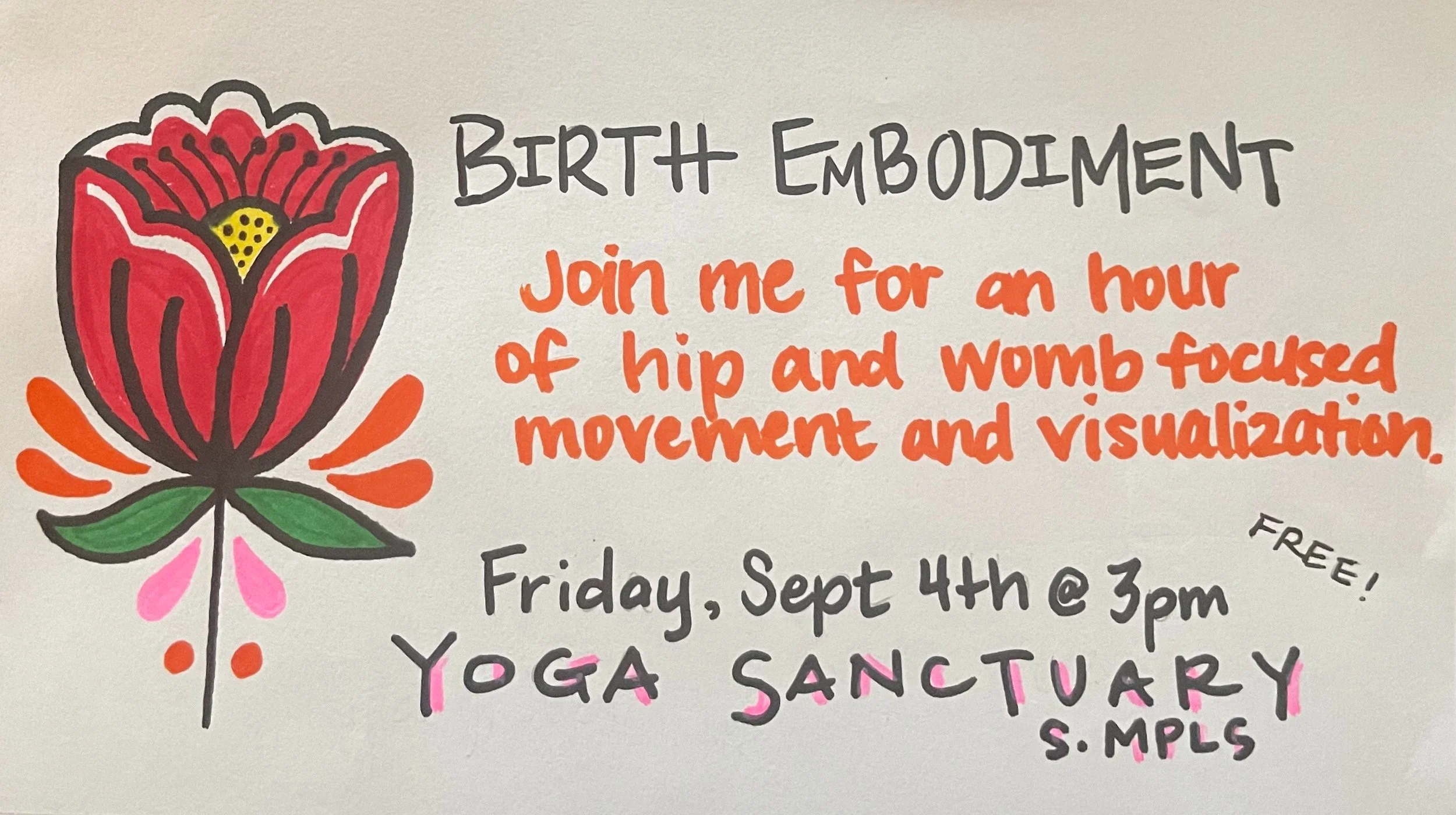 Hand-drawn flyer for Birth Embodiment class, hip and womb focused movement workshop