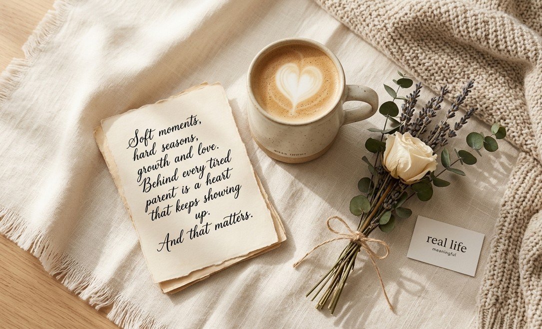 A cozy flat lay of a latte with heart-shaped foam art, a small bouquet of white rose and lavender tied with twine, a handwritten note about parenthood, a card with the words "real life meaningful," on a light-colored cloth and knitted blanket.