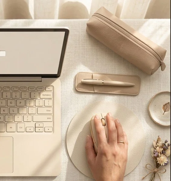 A person using a computer mouse on a light-colored workspace, with a beige laptop, a beige pen in a case, a beige pencil case, a small dish with a leaf, and a flower arrangement.
