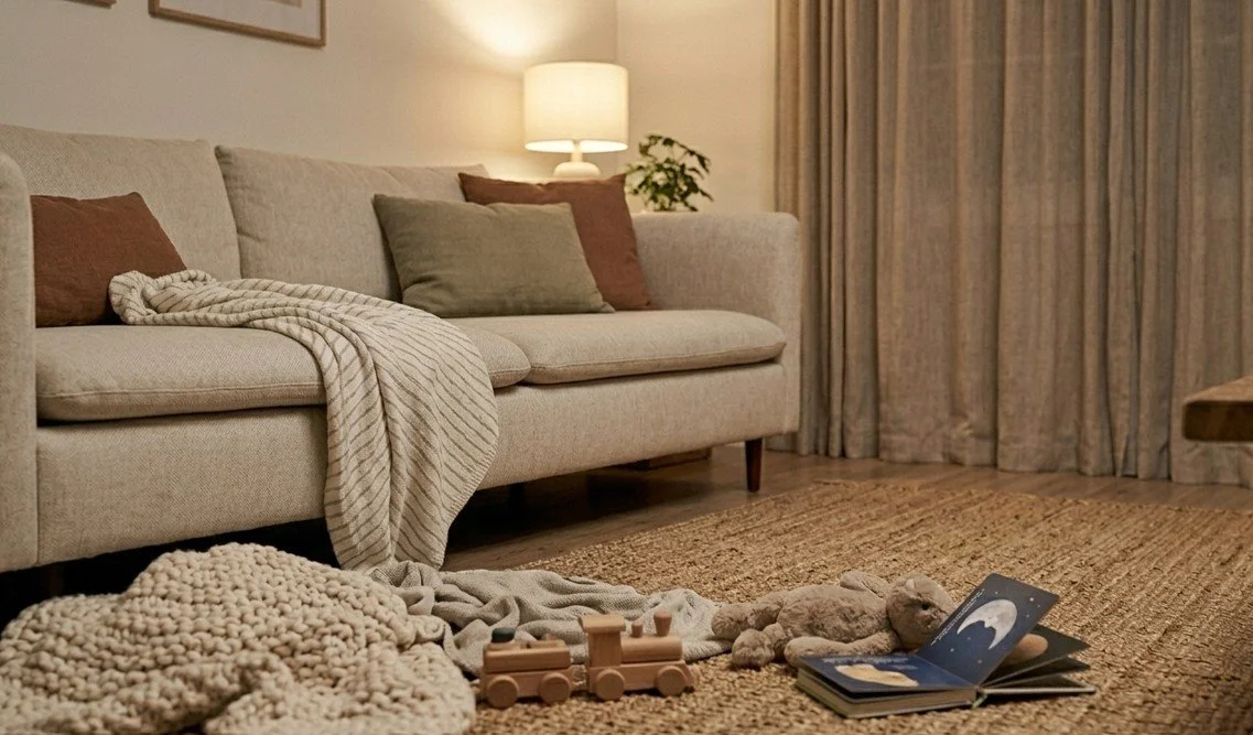 Living room with beige couch, brown and green cushions, throw blanket, wooden toys, a book, plush toys, a lamp, and curtains.