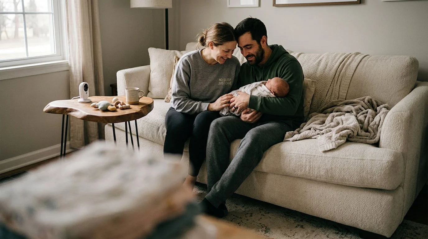 A couple sitting on a beige couch with their newborn baby, smiling and looking lovingly at the baby, in a cozy living room with a window and wood side table.