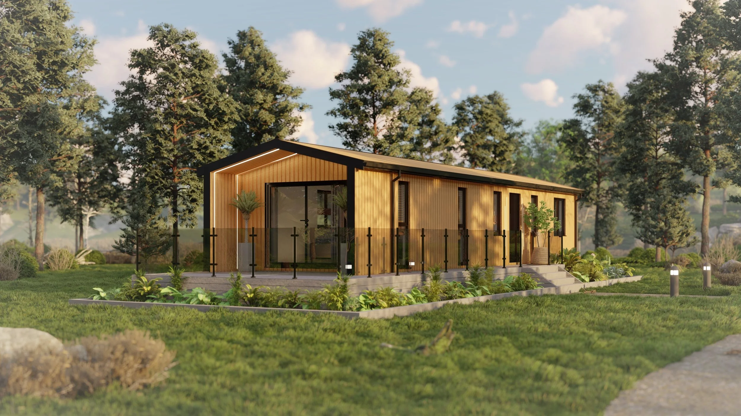 A modern, small wooden house with large glass doors and windows, surrounded by greenery and trees, with outdoor lighting and a garden in front.
