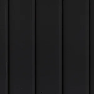Close-up of black vertical metal panels with grooves.