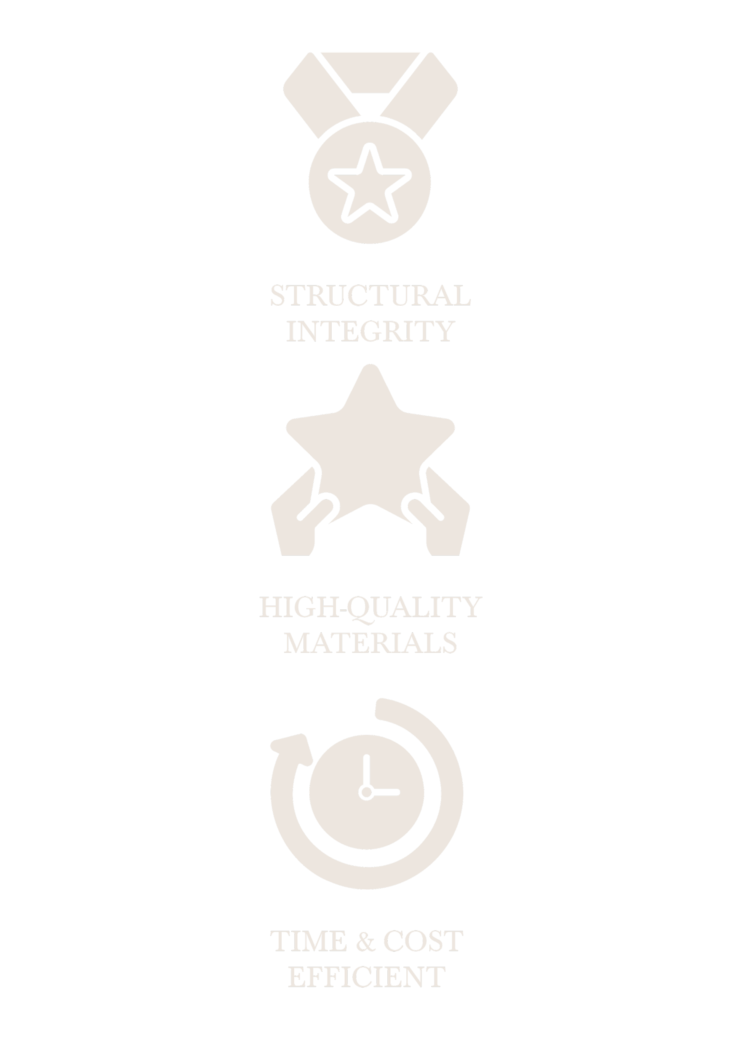 An infographic highlighting three qualities: structural integrity, high-quality materials, and time and cost efficiency, with icons of a medal, a star, and a clock.