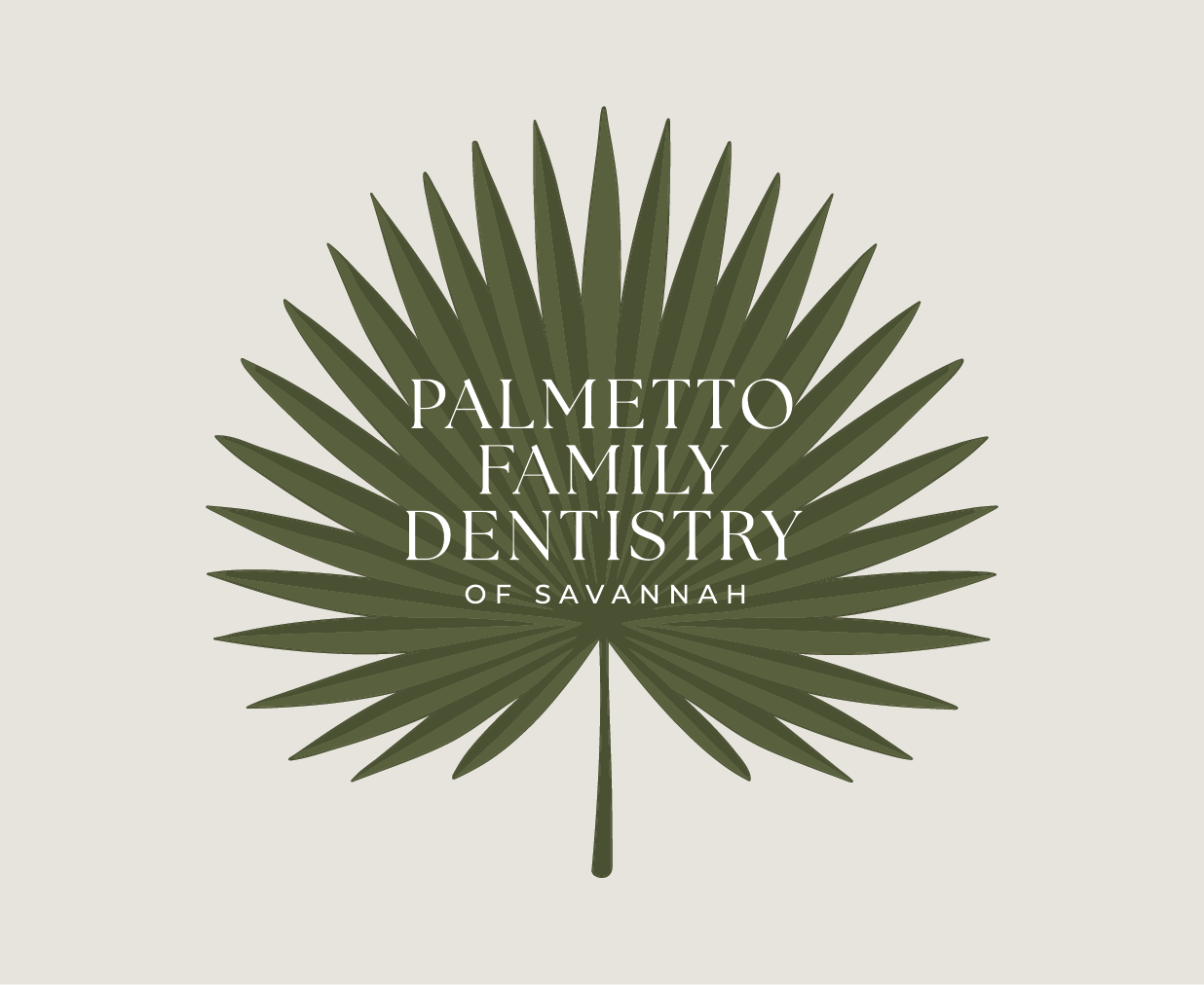 Logo for Palmetto Family Dentistry of Savannah, featuring a large green palm leaf on a light background with white text.