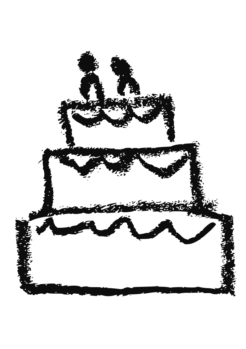 A sketch of a three-layer cake with two small figures on top.