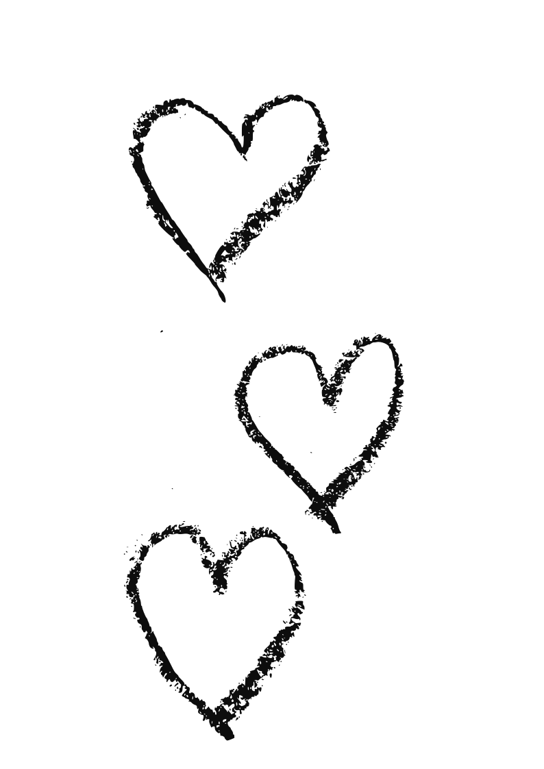 Three hand-drawn hearts stacked vertically against a black background.