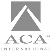 Gray background with the ACA International logo, including a stylized triangle and the text 'ACA INTERNATIONAL' beneath it.