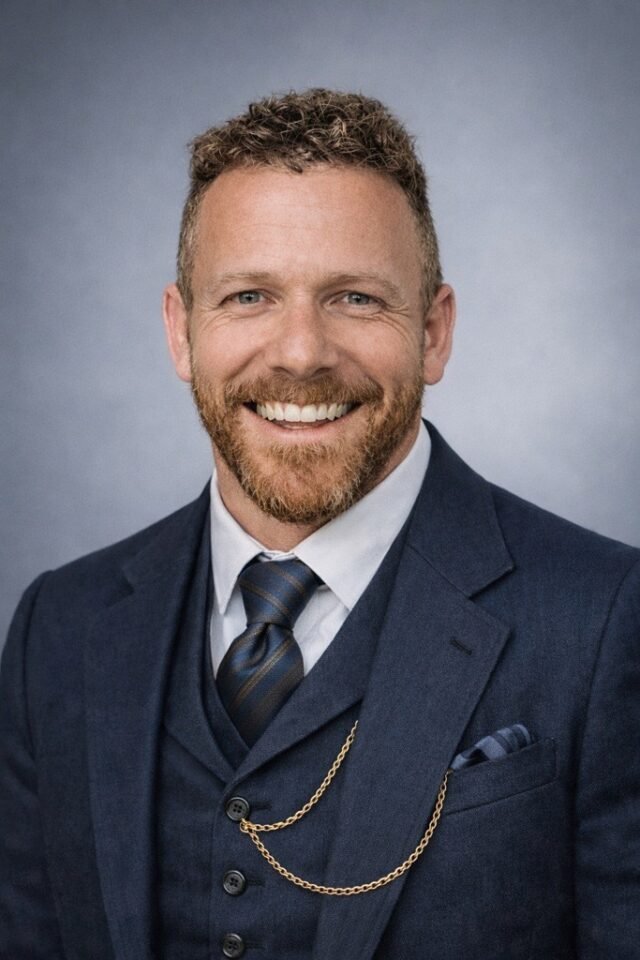 A smiling man with light skin, short curly hair, and a beard, wearing a dark blue suit, white shirt, and a striped tie, against a gray background.