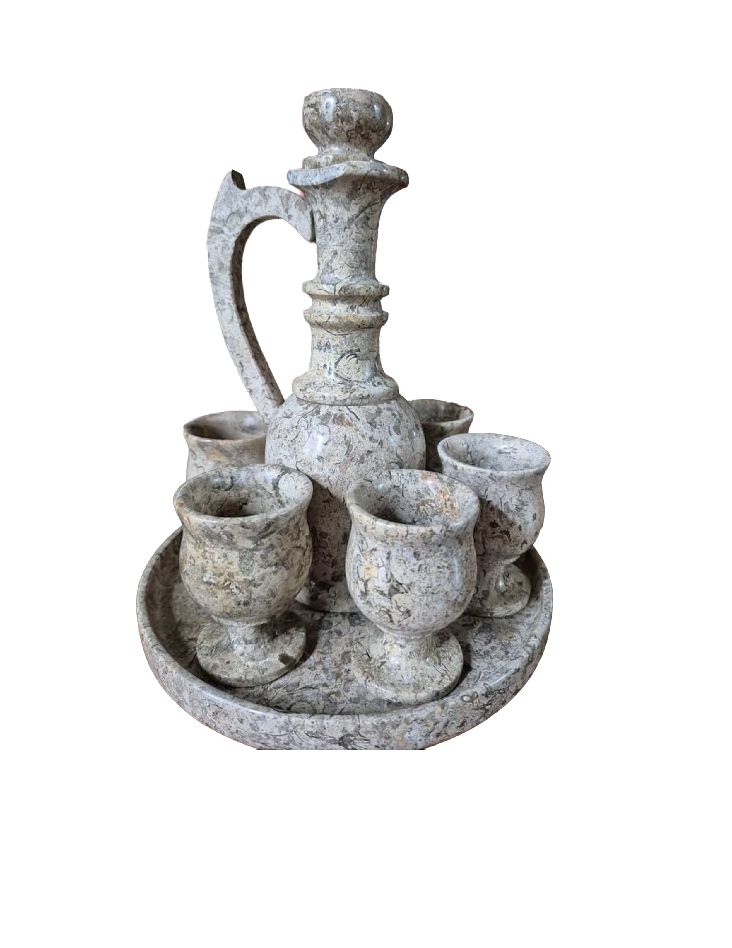 Vintage Fossil Stone / Dragon-stone Sake Set - Decanter With 5 Cups