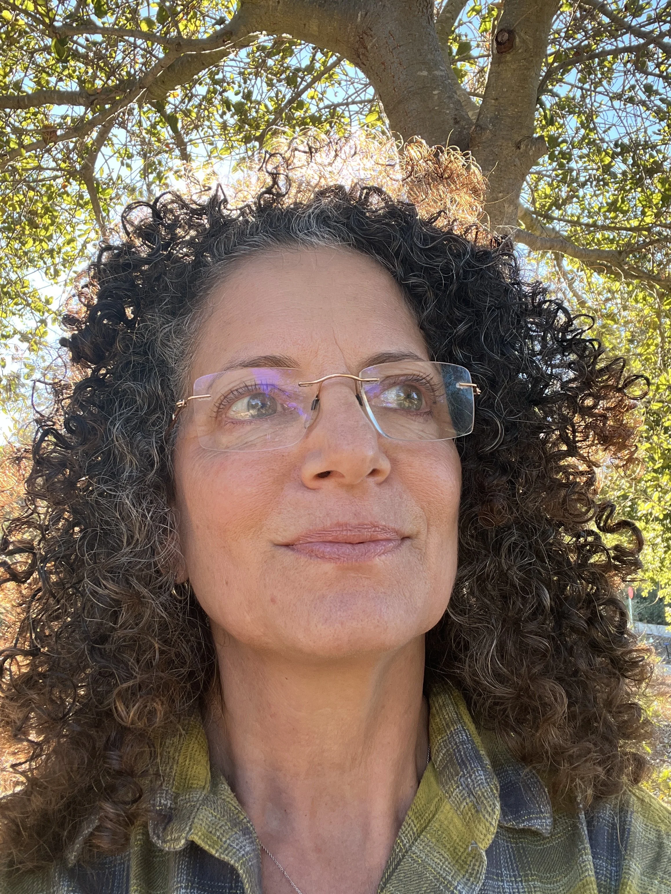 Partial view of a woman with curly hair, wearing glasses, and a plaid shirt standing outdoors, with a tree and blue sky in the background.