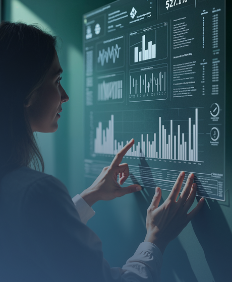 A woman analyzing data on a large digital screen with various charts and graphs.