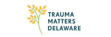 Logo with a stylized tree and the text 'Trauma Matters Delaware'