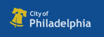Logo of the City of Philadelphia with a yellow bell symbol and text in white on a blue background.