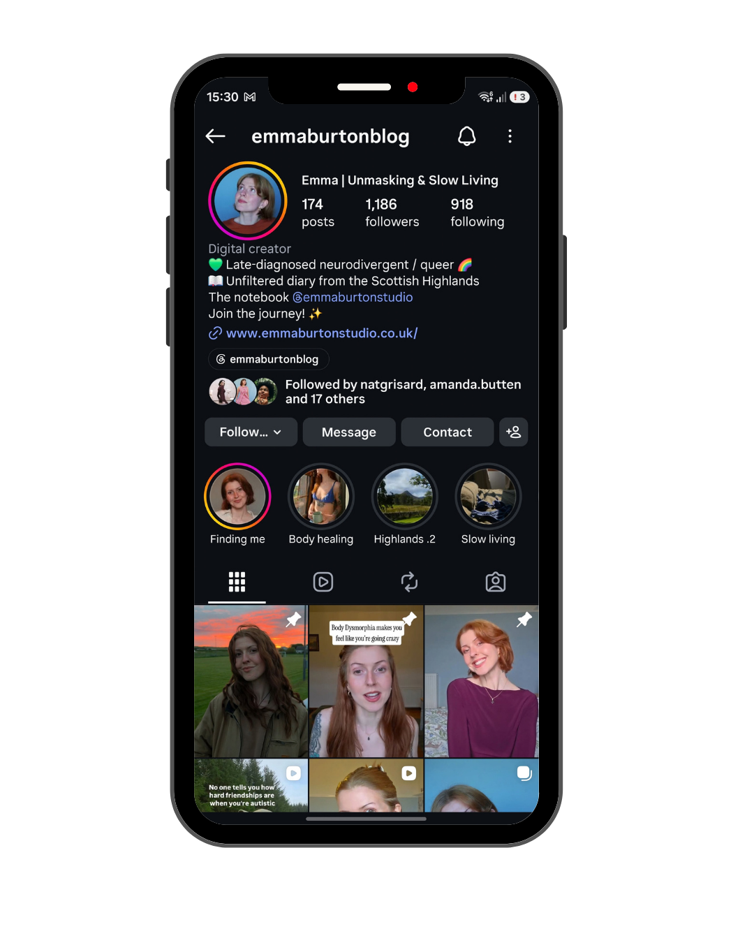 Instagram profile page of emmaburtonblog, a digital creator from the Scottish Highlands, with caption about neurodivergence and slow living, showing profile picture, bio, story highlights, and recent videos.