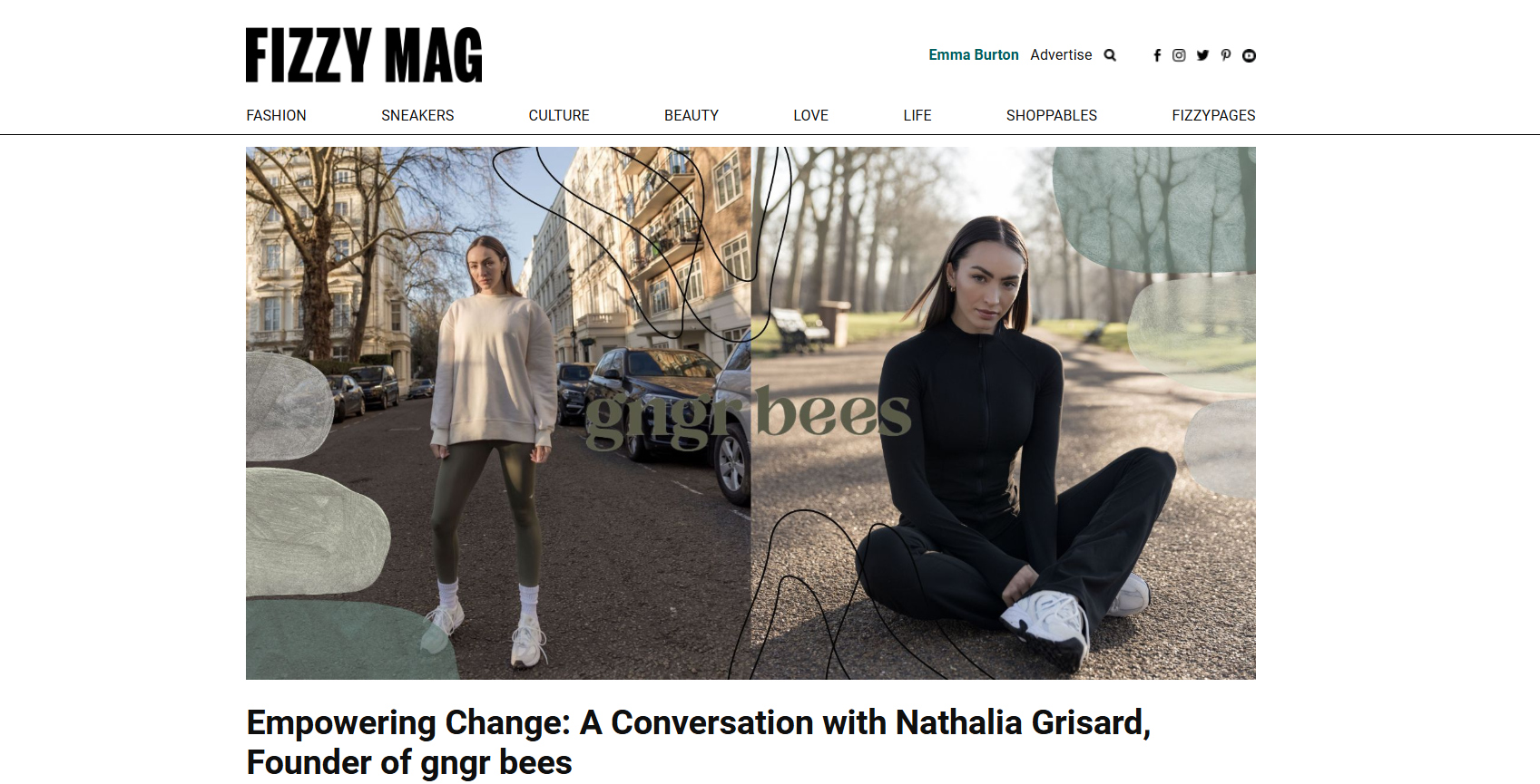 Fizzy Mag digital editorial feature layout for gngrbees sustainable activewear brand