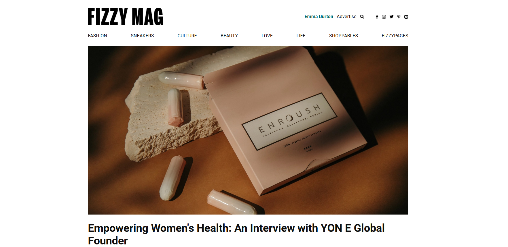 Fizzy Mag digital editorial feature layout for YON E Global sustainable women's vaginal healthcare platform