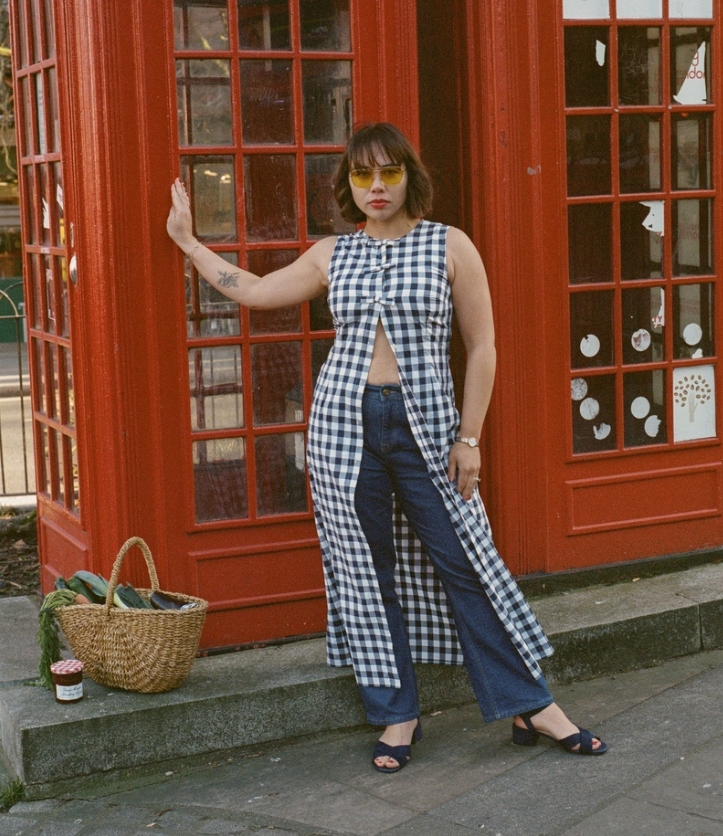 Bonkers Bon Coeur slow fashion campaign lookbook featuring red and blue gingham clothing sets on London streets