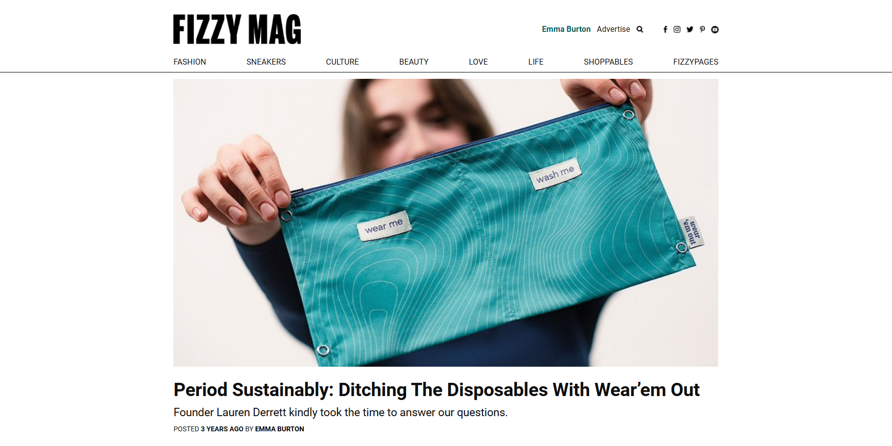 Fizzy Mag digital editorial feature layout for Wear em Out sustainable reusable period care brand