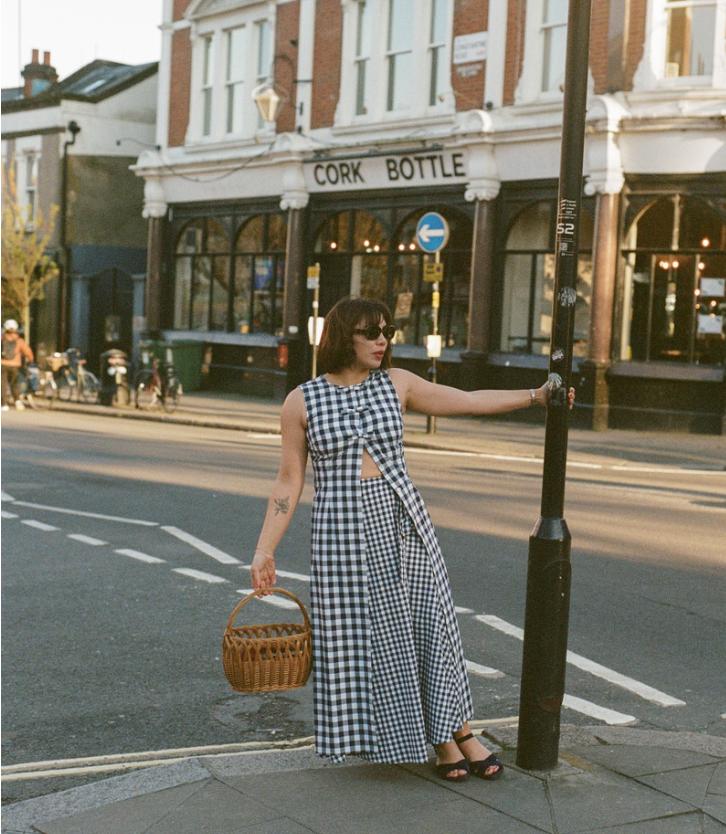 Bonkers Bon Coeur slow fashion campaign lookbook featuring red and blue gingham clothing sets on London streets