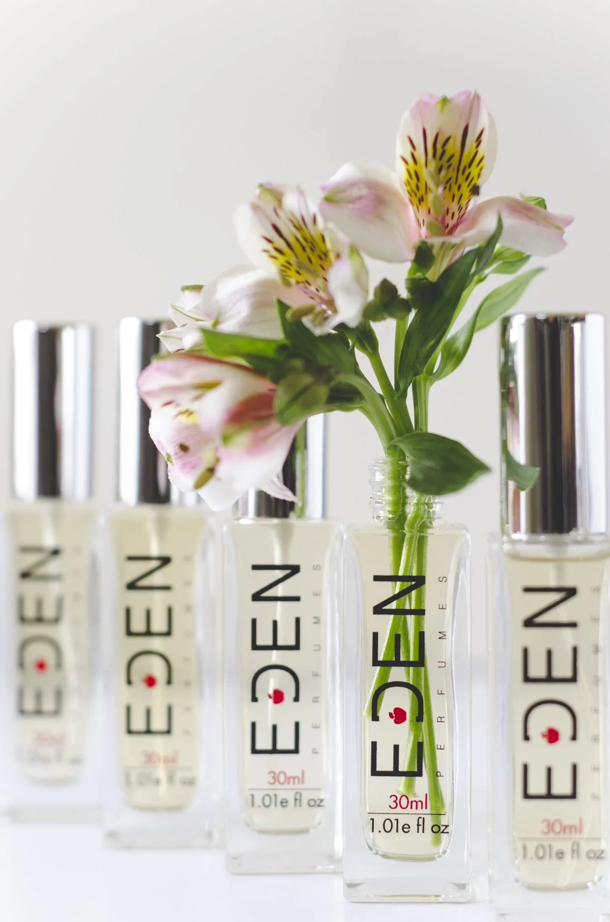 Eden Perfumes brand campaign lookbook featuring cruelty free fragrance bottles and botanical lifestyle photography