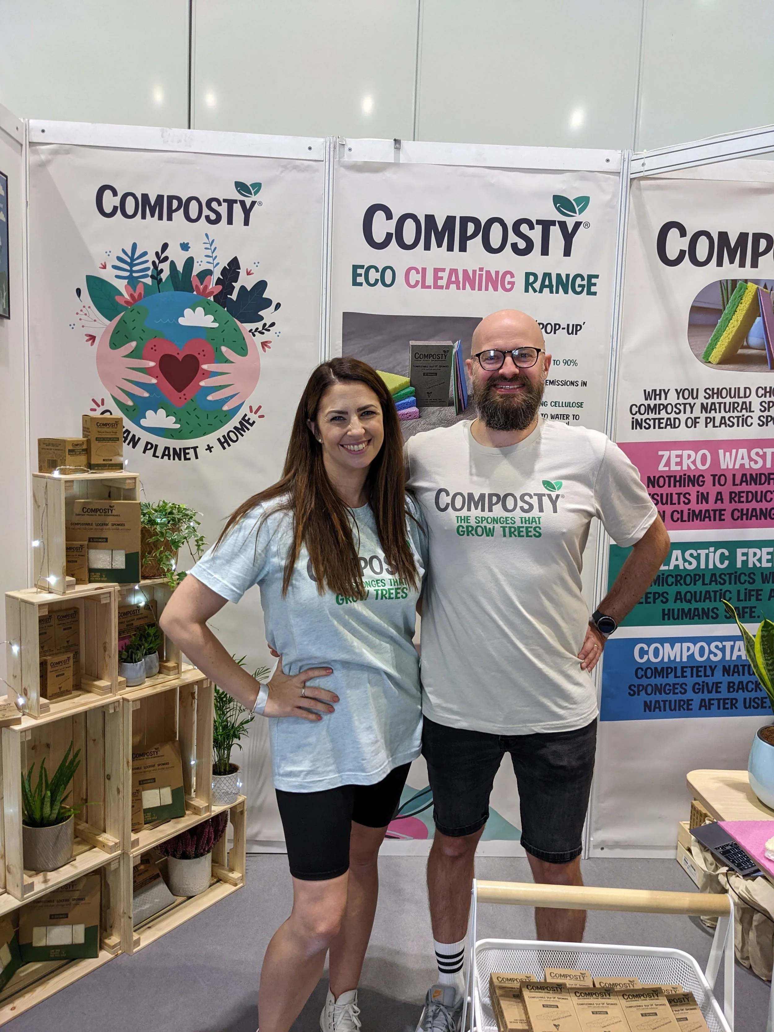 Composty eco cleaning range campaign lookbook featuring compostable pop up sponges and brand exhibition stand featuring founders