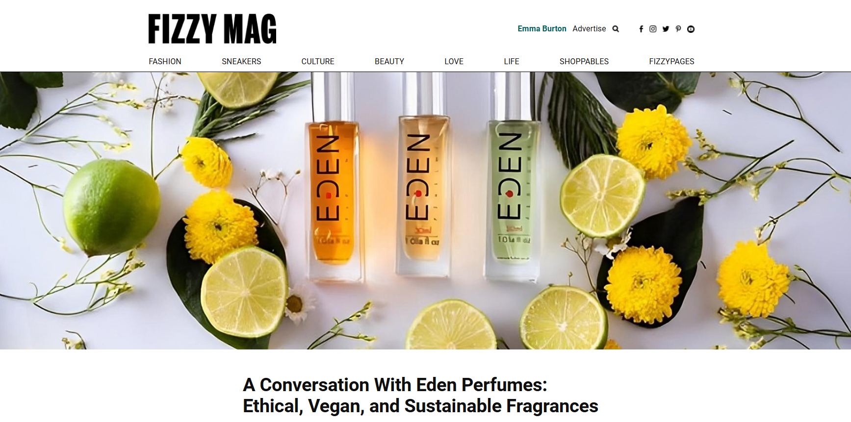 Fizzy Mag digital editorial feature layout for Eden Perfumes vegan fragrance brand