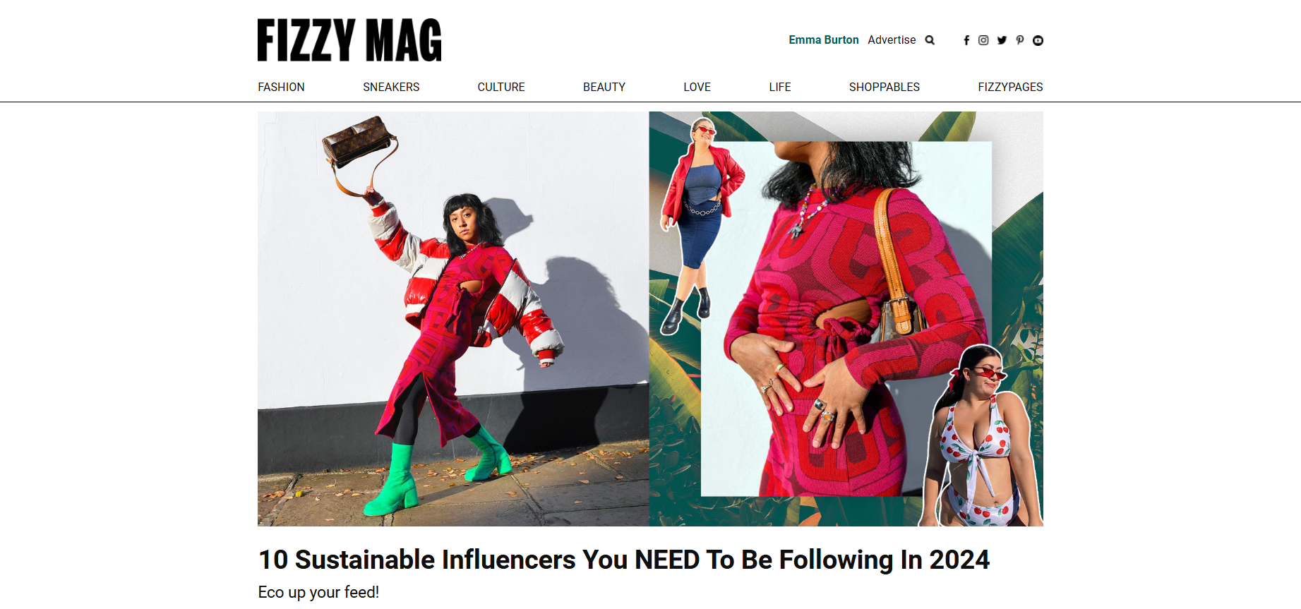 Fizzy Mag article feature titled 10 Sustainable Influencers You NEED To Be Following In 2024
