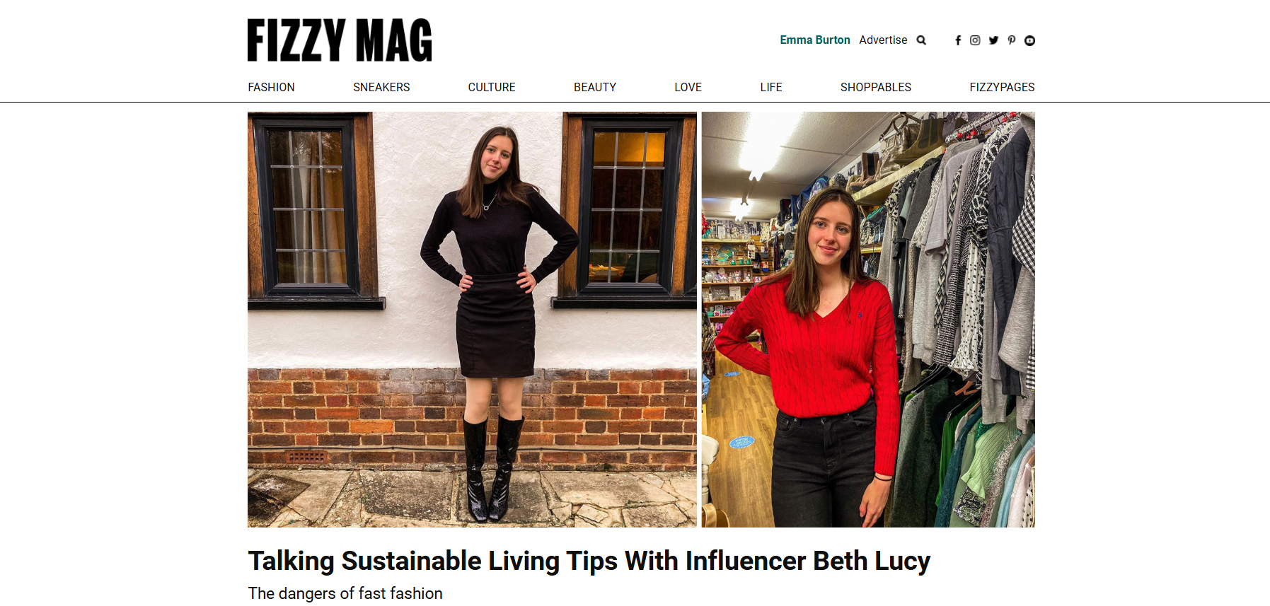 Fizzy Mag digital editorial feature layout for an interview with sustainable living influencer @bethlucyblogs