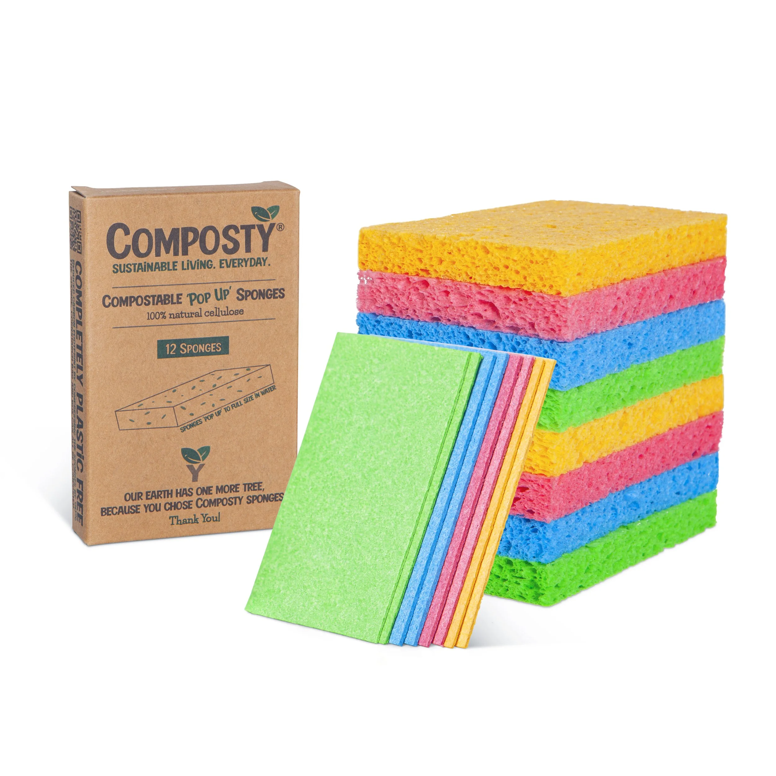 Composty eco cleaning range campaign lookbook featuring compostable pop up sponges and brand exhibition stand